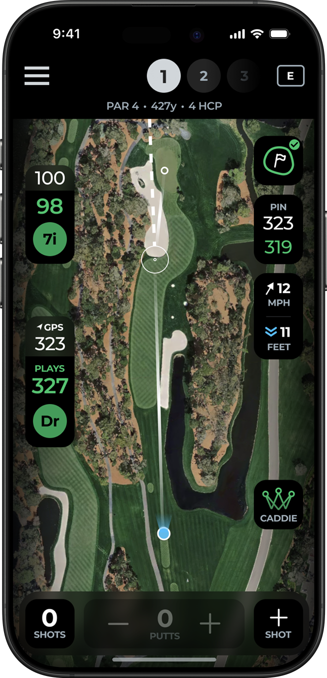 The new in-play experience: a full-screen satellite map with shot markers, distances, and a contextual bottom sheet.